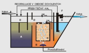 Malá domovní ČOV se stálým průtokem (1 fázová) Fáze průtočná Surové odpadní vody natékají do akumulační nádrže, kde dochází k usazení hrubých nečistot.