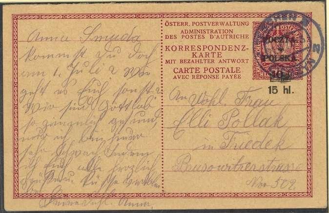 - 16 - Korespondenční lístky se zaplacenou odpovědí s přetiskem POCZTA POLSKA, přetisk 15/10 hal., poslané z pońty Těńín 2 do zahraničí (ČSR) v dubnu a červnu 1920.