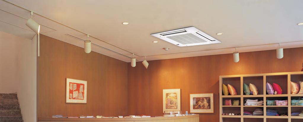 Kazetový typ 4-cestné proudìní vzduchu Komfort pro velké místnosti 1-fázový (45/54) Vlastnosti Dvoustupòový turbo ventilátor Pøedchozí ventilátor: Vzduch procházející pøes tepelný výmìník je rozvádìn