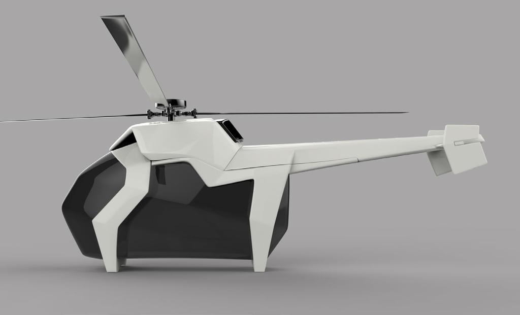 Variantní studie designu v prvním případě, naviják je schovaný v útrobách stroje a ven se vysouvá pouze hák se zavěšeným záchranářem.