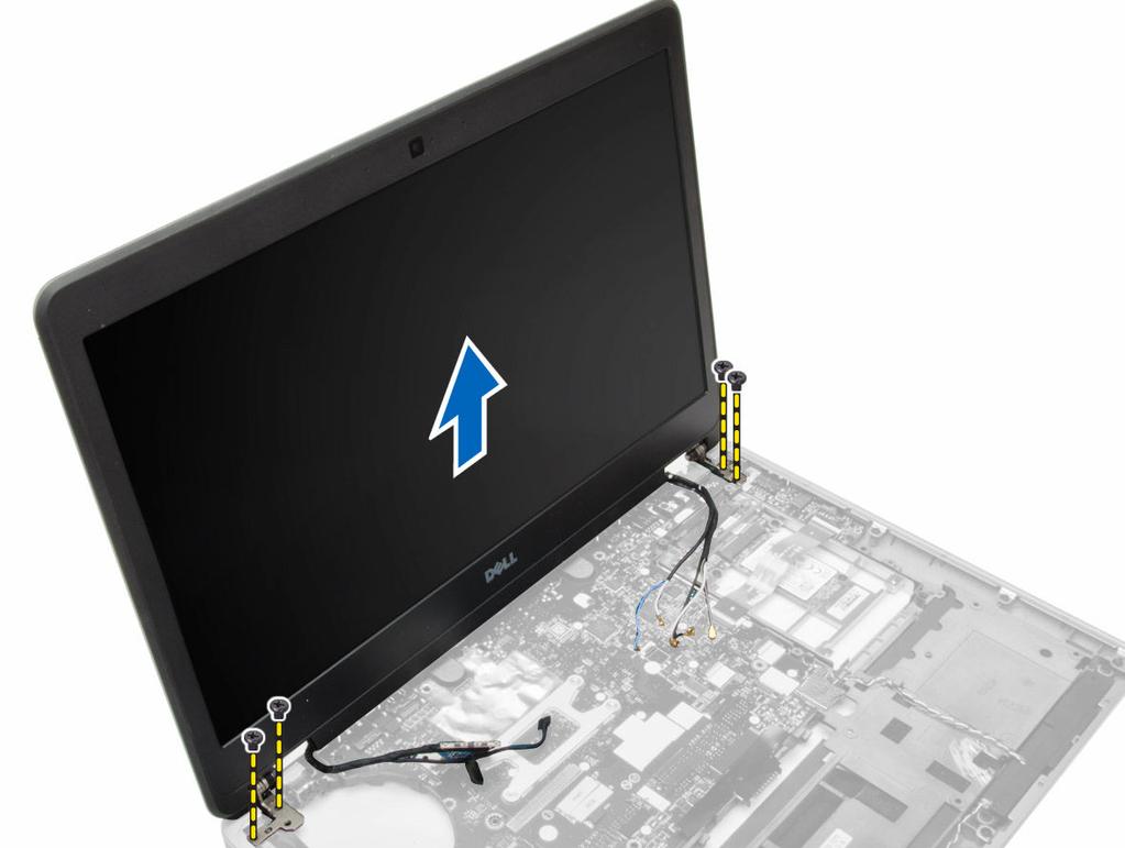 Instalace sestavy displeje 1. Vložte kabely LVDS a kabely bezdrátové antény do otvorů ve spodním šasi a připojte je. 2. Umístěte sestavu displeje na počítač. 3.