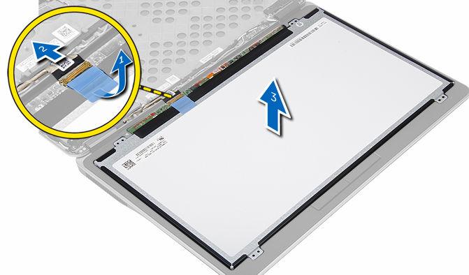 a. Sloupněte pásek konektoru kabelu LVDS [1]. b. Odpojte kabel LVDS od panelu displeje [2]. c. Demontujte panel displeje ze sestavy displeje [3]. Montáž panelu displeje 1.
