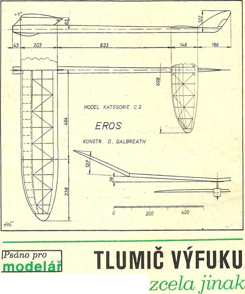 Jediné zborcení je asi 2,5 mm p o s itiv " na v n itřn í části pravé půlky křídla. Způsob letu je vpravo-vpravo. Přechod z m otorového do klouzavého letu se seřizuje vychýlením plošky na sm ěrovce.