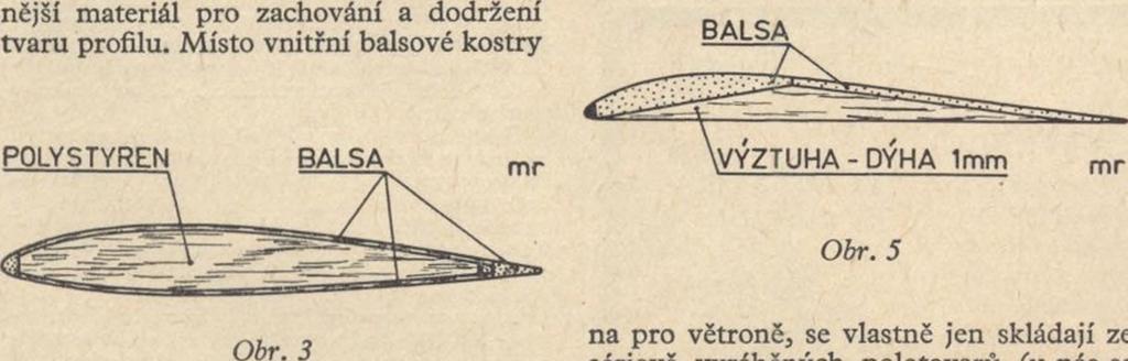 Vhodným váhovým i pevnostním kompromisem mezi popsanými způsoby je křídlo se skříňovou náběžnou částí a žebry zesílenými shora i zdola přilepenými úzkýa ) POHLED SDOLA Obr. 4 Obr.