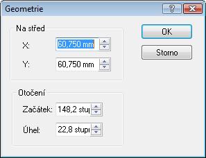 Okno Geometrie Okno geometrie pro ohnuté objekty V části Střed jsou k dispozici následující vstupní pole: X Y Specifikuje souřadnici X středového bodu (kolem kterého se objekt otáčí).