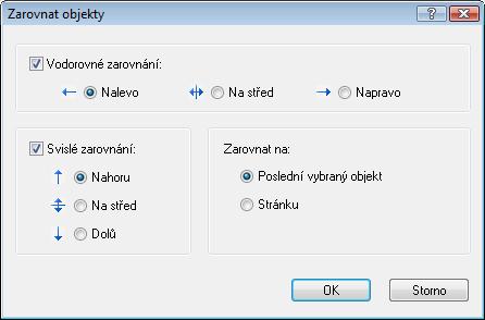 Okno Zarovnat objekty 10 Okno Zarovnat objekty Okno Zarovnat objekty zarovnává prvky týkající se stránky, t.j. upravitelnou oblast kreslení nebo jiné objekty.