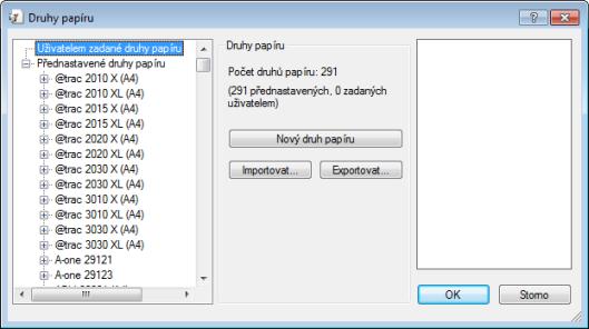 Nastavení tisku a typy papíru Okno Typy papíru V oblasti Uživatelské druhy papíru jsou k dispozici následující možnosti konfigurace: Nový druh papíru Přidává nový typ papíru.