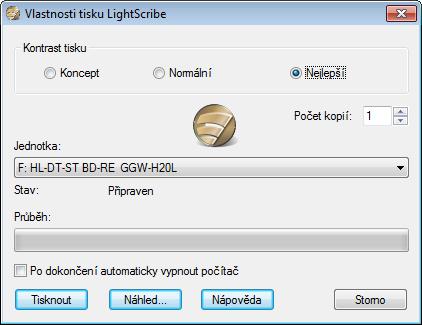 Tisk štítků LightScribe Okno Vlastnosti tisku LightScribe K dispozici jsou následující možnosti: Oblast Kontrast tisku Upravuje požadovanou kvalitu tisku.