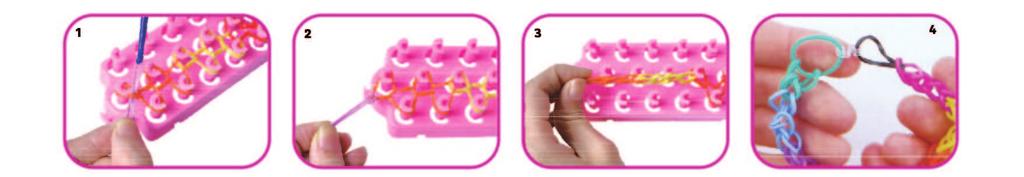 5), POZNÁMKA: K ľahšej manipulácii pridržiavajte ďalšie gumičky pri vyberaní aj preťahovaní. Dôležité rady 1. Uistite sa, že umiestňujete gumičky do stavu podľa vkladacieho vzoru vášho náramku. 2.