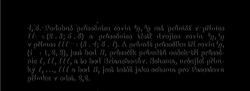 Schéma, určující přímky I,..., III a bod B, jest totéž jako schéma pro Pascalovu přímku v odst. 2,2. Obr. 7. Zvláštní případ věty Brianchonovy.