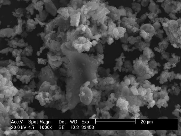 Obrázek 4 - SEM snímek fluidního popílku, zvětšení 1000x Obrázek 5 - SEM snímek fluidního popílku, zvětšení 100 Krystalickou fázi tvoří následující mineralogické novorvary: anhydrit CaSO 4,