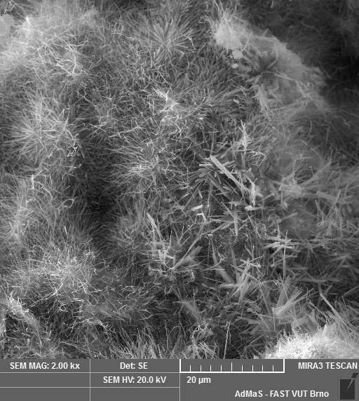 Obrázek 24 - SEM snímek vzorku s použitím 40 % obalového skla U vzorku s 40 % autoskla je vidět převládající množství CSH gelu. Tobermorit se zde vyskytuje v menším množství než u referenčního vzorku.