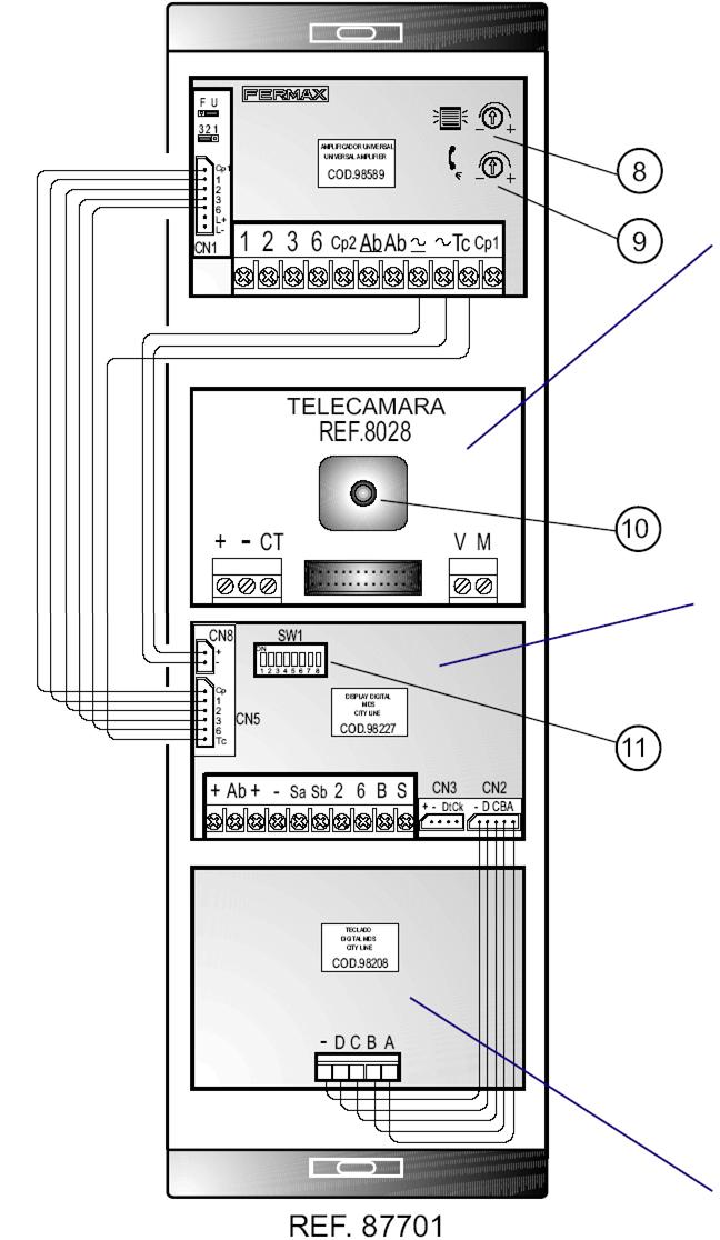 LCD / ovládání 2: Audio z telefonů-monitorů do panelu 6: Audio z panelu do telefonů monitorů Ab, +: Ovládání
