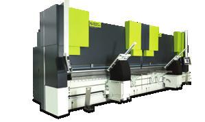 SafanDarley H-Brake Tandem 2 x 6000 kn / 4500 mm s aktivními podpěrami E-Mate 2000. Senzor laserového měření úhlu E-Bend L Blue v pracovní pozici.