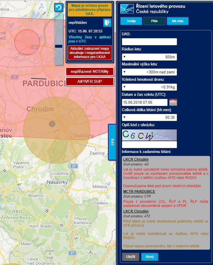 2.1.3.2 Plán Plán umožňuje naplánovat let UAS a pro přihlášeného uživatele jej i uložit. Uvažován je let v kruhovém prostoru o zadaném poloměru se středem v místě kliku do mapy.