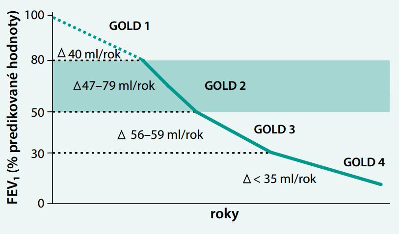 Další významný úbytek každodenních fyzických aktivit zaznamenáváme při přechodu CHOPN ze stadia GOLD 2 do stadia GOLD 3 (tedy při poklesu FEV 1 pod 50 % náležitých hodnot).