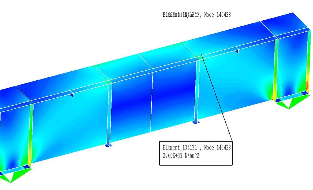 ÚSTAV AUTOMOBILNÍHO VYSOKÉ UČENÍ TECHNICKÉ [ MPa] δ HMH = 52, 4 pro element 1168473 Obrázek 18 ZS3: napětí v horní pásnici nosníku B [ MPa] δ HMH = 26 pro element 134131 Pro element266888 a ZS2 bylo