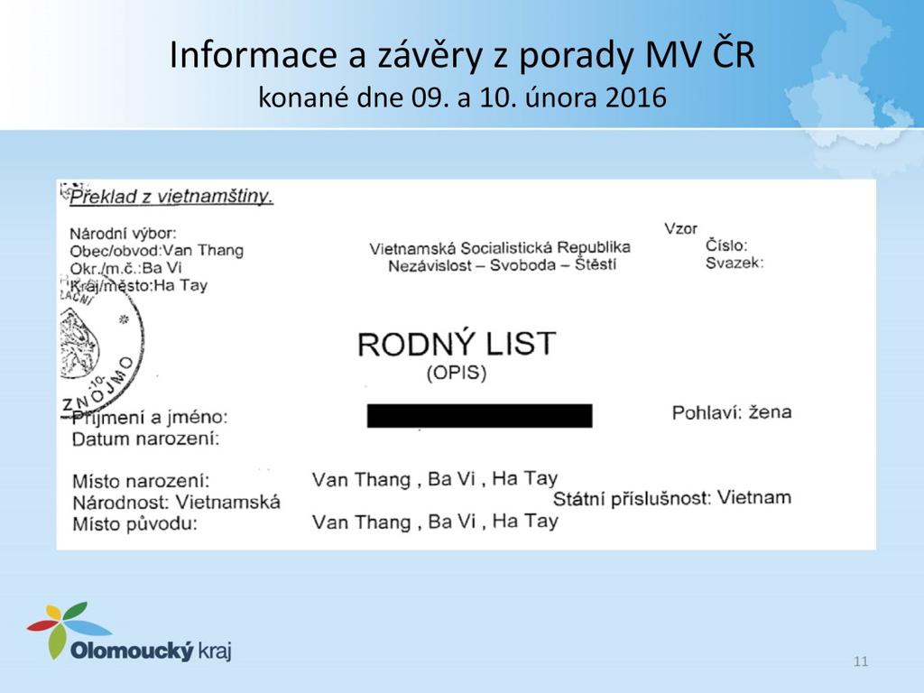 V rodném listu jsou uvedena tři místa