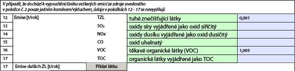 odlučovacího zařízení. V případě, že se na odlučování tuhých znečišťujících látek podílí více zařízení, uvede se pouze poslední odlučovací stupeň.