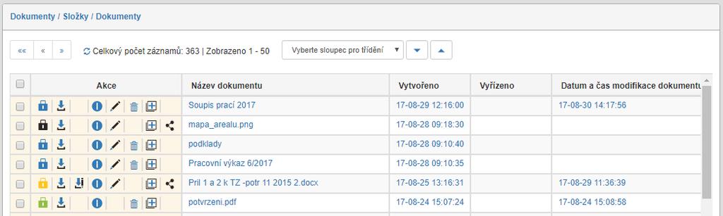 3 Seznam dokumentů Vyhledané dokumenty se zobrazují jako tabulka, kde každý řádek tabulky odpovídá jednomu dokumentu a každý sloupec jednomu z údajů o dokumentu. 3.