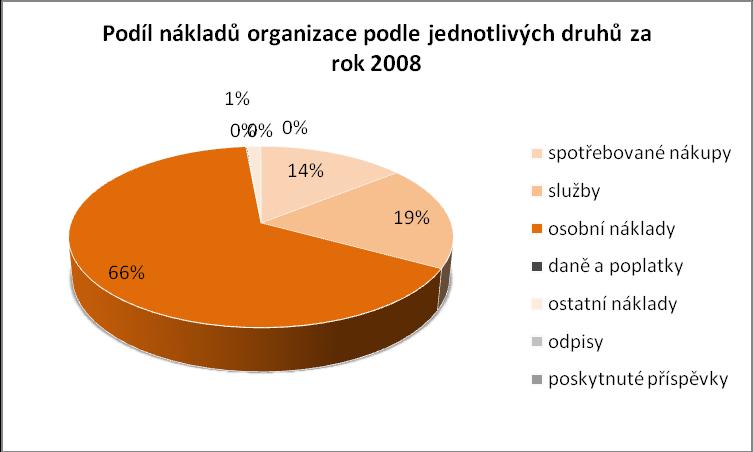 Podíl jednotlivých druhů nákladů na celkových nákladech organizace je stabilní, největší podíl představují mzdové náklady včetně odvodů na sociální a zdravotní pojištění, které v roce 2004