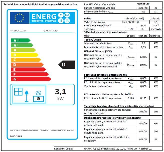Název/ochranná známka dodavatele Identifikační značka modelu Informační list výrobku Třída energetické účinnosti Přímý tepelný výkon kw GAMAT CZ a.s. Index energetické účinnosti Sezónní účinnost=užitečná úč.