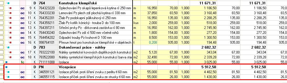 Vybraným položkám kalkulácie sa zrušia väzby a označia sa ako nezaradené (bielou farbou).