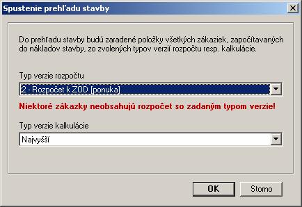 b) V pravom dolnom rohu sa zobrazuje informácia o tom, z akých verzií ponukového rozpočtu (výrobnej kalkulácie) bol prehľad stavby vytvorený.