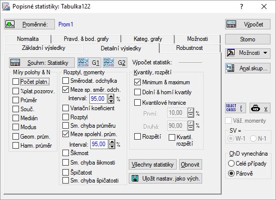 Obr. Zadávací okno nástroje Popisné statistiky programu Statistika.