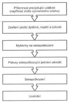 Obr. 2.1 Průběh aktu sebepoškozování podle Kocourkové (2003) (Kriegelová, 2008, s. 124) Sebepoškozování tedy poskytuje jedinci rychlou úlevu od aktuální tenze a stresu, avšak pouze dočasnou.