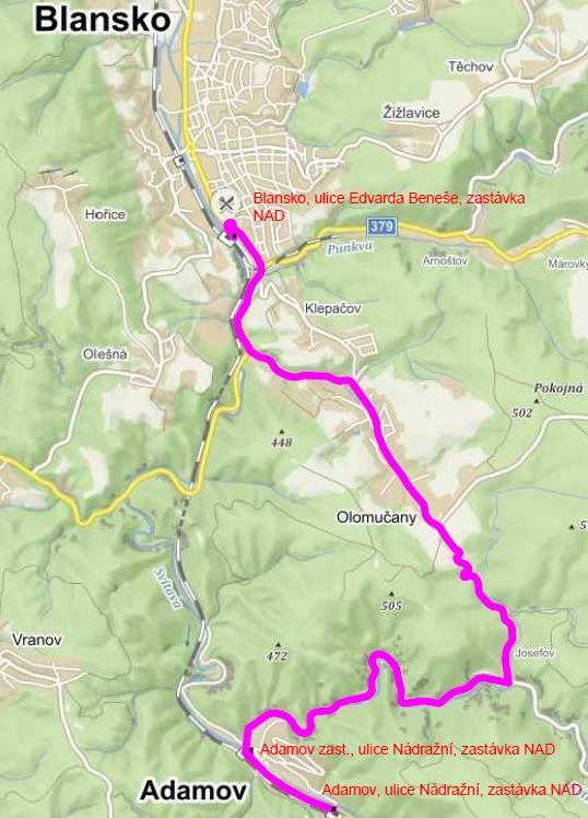 5. Odchylná opatření po dobu souběhu výlukových činností Obrázek 13 Trasa NAD Adamov Blansko, linka XS2 VYČÍSLENÍ NÁKLADŮ PO DOBU DENNÍCH VÝLUK V NEPRACOVNÍ DNY (SP0) Po dobu SP0 bude nutné pro
