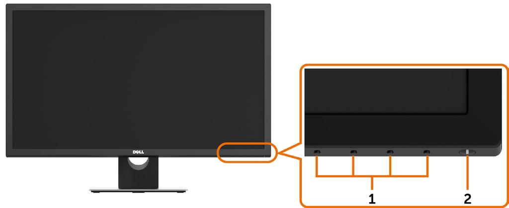 Součásti a ovládací prvky Pohled zepředu Štítek Popis 1 Tlačítka funkcí (další informace viz část Ovládání monitoru) 2 Vypínač (s indikátorem LED)