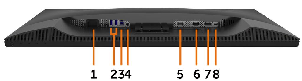 Pohled zdola Štítek Popis Použití 1 Konektor střídavého napájení Slouží k připojení napájecího kabelu monitoru. 2 Vstupní port USB Připojte svá zařízení USB.