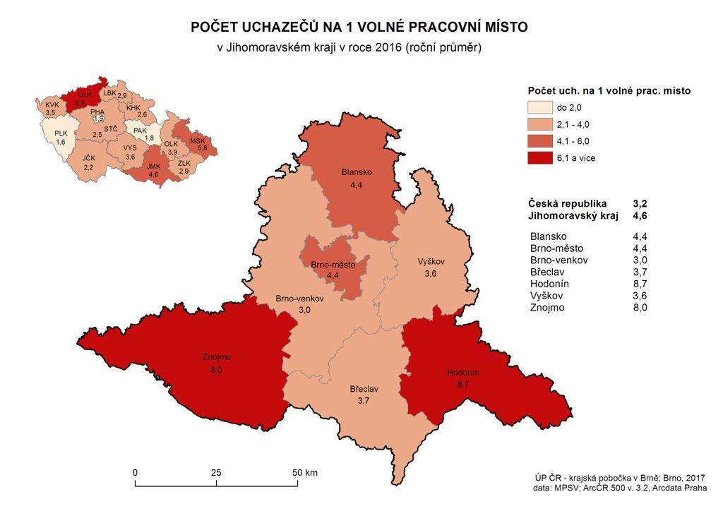 1.3 Stručná charakteristika stavu a vývoje poptávky zaměstnavatelů po pracovní síle Počet volných pracovních míst nabízených v Jihomoravském kraji se v roce 2016 pohyboval v průměru okolo 11,2 tis.