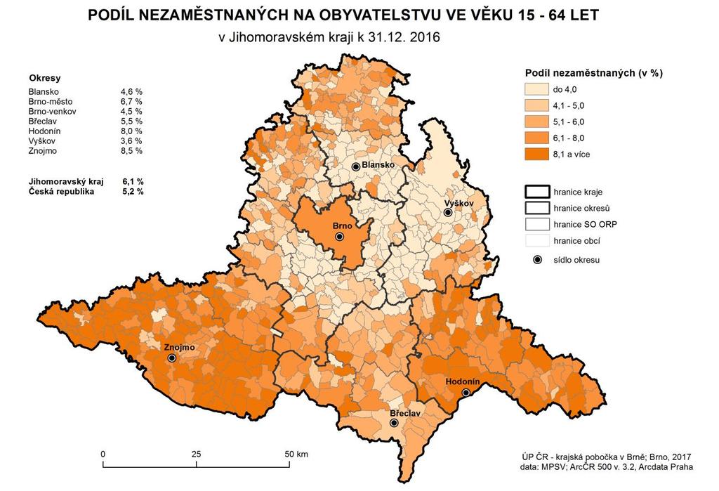 Obr. 16: Podíl nezaměstnaných osob na obyvatelstvu ve věku 15-64