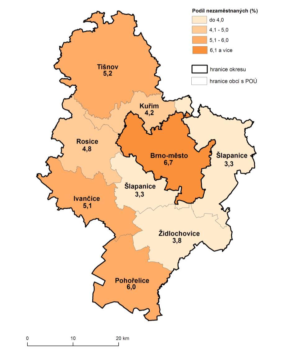 Obr. 20: Podíl nezaměstnaných osob na obyvatelstvu 15-64 v okrese Brno-město a Brno venkov k 31.12.2016 Okres Brno-venkov Okres je tvořen nejbližším zázemím krajského města.