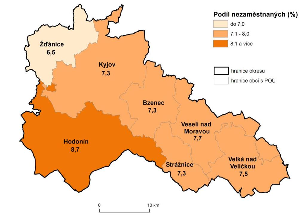 Obr. 22: Podíl nezaměstnaných osob na obyvatelstvu 15-64 v okrese Hodonín k 31. 12.