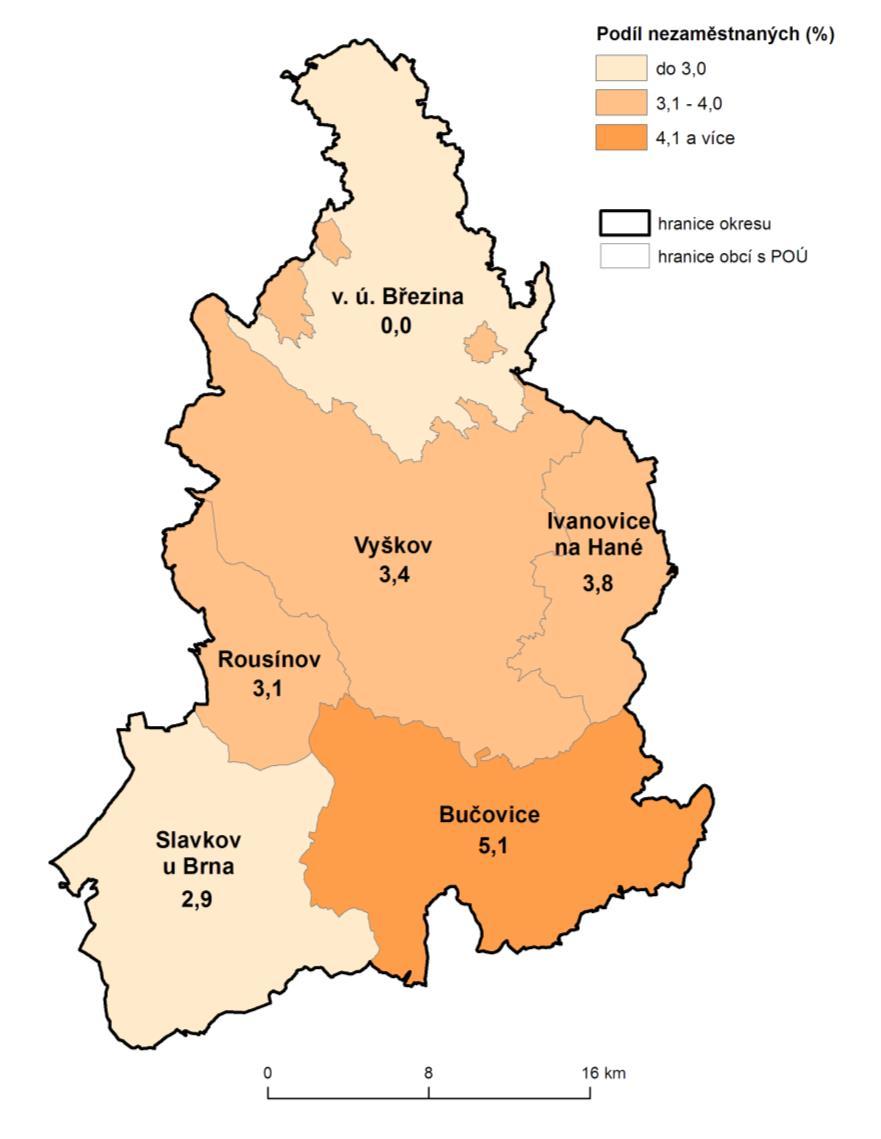 Krajská pobočka úřadu práce je v tomto okrese zastoupena třemi kontaktními pracovišti: v Bučovicích, Slavkově a Vyškově.