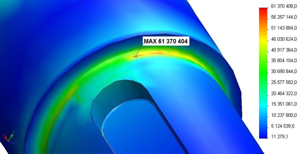 Výpočet byl proveden v programu Solidwor Simulation. Z této analýzy je vidět, že nejkritičtější místo se nachází v osazení u kuželového kola.