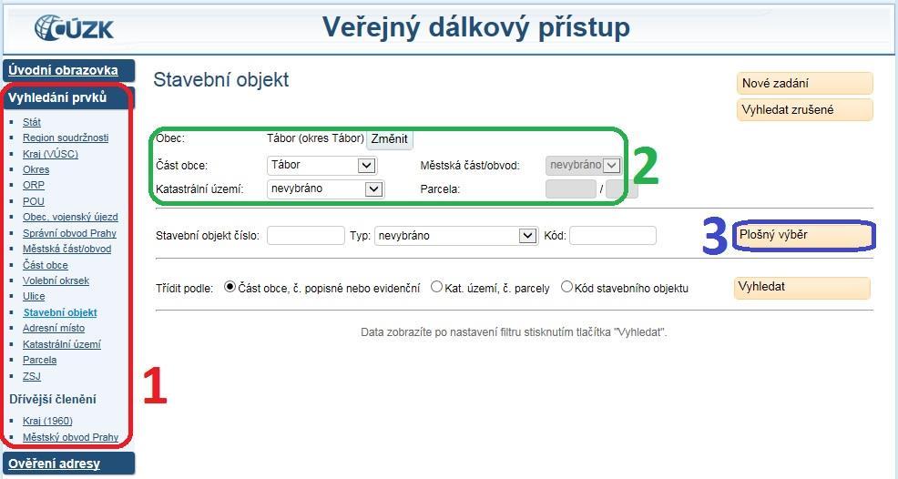 3.1.2 Vyhledávání s vyplněním nadřazených prvků Tento postup použijete tehdy, pokud chcete z daného polygonu vybrat pouze prvky v rámci jednoho nebo více nadřazených prvků (například stavební objekty