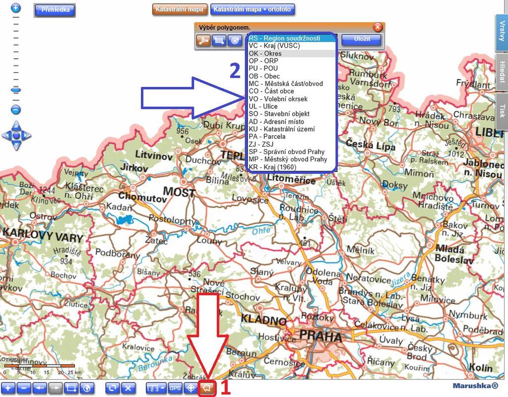 1. krok V mapovém klientu Marushka Funkci Plošný výběr aktivujte stiskem tlačítka Výběr polygonem, které je umístěno v nabídce nástrojů v dolní části obrazovky (1).