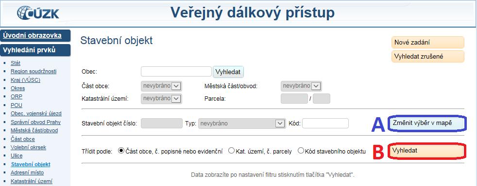 3. krok Na obrazovce pro vyhledání prvků Po uložení polygonu se vraťte do popisné části VDP překliknutím na příslušnou záložku/okno (záleží na typu prohlížeče).