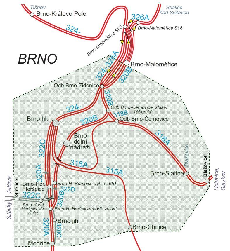 Dpracvání variant řešení ŽU Brn V případě jinéh směrvání vlaků p nvé infrastruktuře je tat dprava a infrastruktura uvažvána z relevantníh místa (např. míst dbčení ze stávající tratě). Obr.
