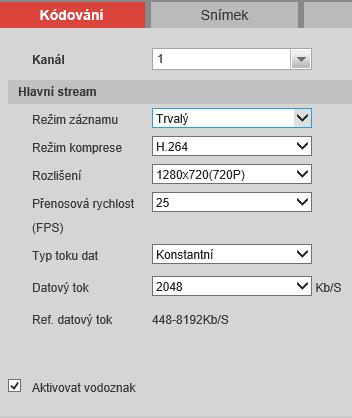 c. Kódování Kódování slouží k nastavení kvality obrazu, počtu snímků za sekundu, nastavení dalších parametrů obrazu, nastavení a cestu k ukládání lokálních souborů Záložka kódování: Hlavní stream,