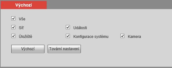 e. Výchozí V této záložce můžeme nastavit tovární nastavení pro jednotlivé sekce zařízení. Případně zvolit Tovární nastavení.