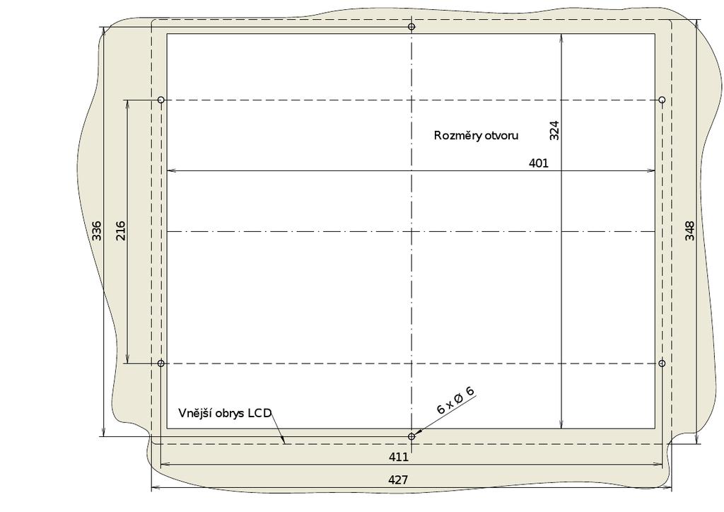 DataLab LCD 17, 17T Montážní otvor DataLab LCD je určen pro montáž do panelu. Tloušťka panelu musí být nejvýše 10 mm. Rozměry jsou uvedeny v milimetrech.