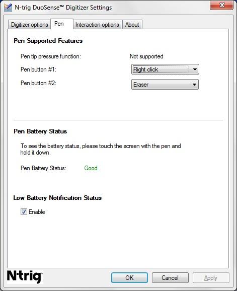 Obrázek 9. N-Trig DuoSense Digitizer Settings Pero Funkce pera a stav jeho baterie Můžete nakonfigurovat tlačítka pera.