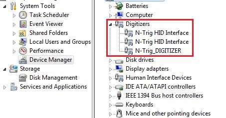 Obrázek 12. Správce zařízení Digitizéry b. Pokud zařízení rozpoznáno bylo, odinstalujte sadu N-trig a nainstalujte ji znovu. c.