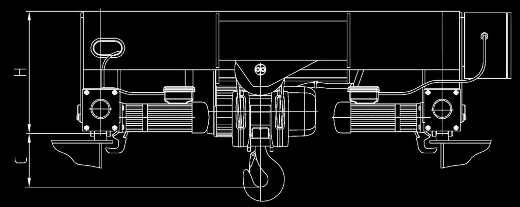 Elektrické lanové kladkostroje GM firmy ABUS pro dvounosníkové jeŕáby 1) Pouze pro dvourychlostní pohony při nejmenším rozchodu 2) Pouhý vertikální zdvih (bez přemísťování a otáčení háku) Konstrukce