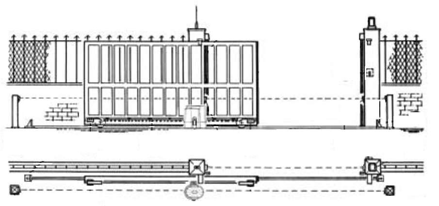 ODPORÚČANÁ ZOSTAVA: 1 - motor 2 - anténa 3 - riadiaca elektronika 4 rádiový prijímač 5 vodiace kladky 6 mechanické dorazy 7 koľajnica 8